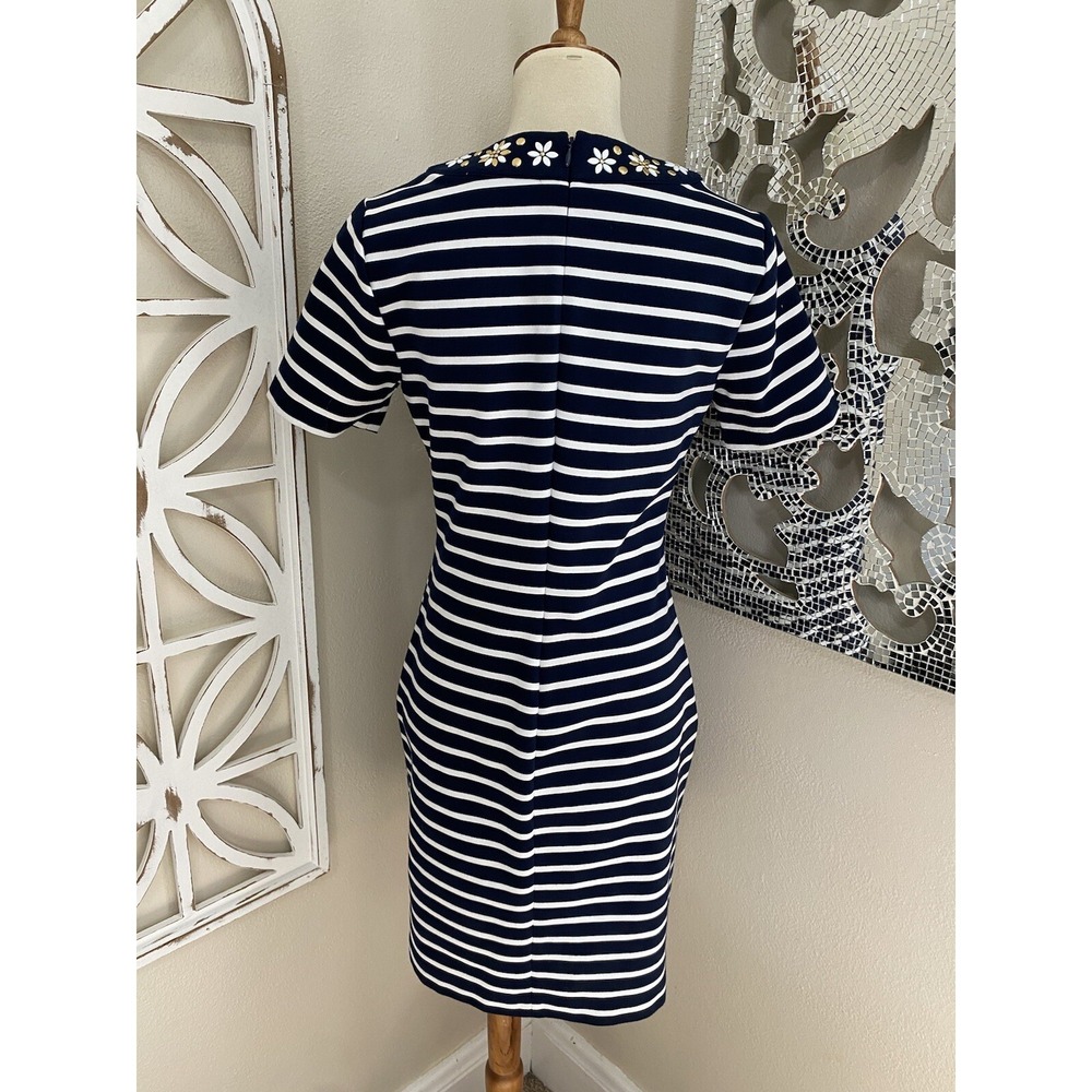 MICHAEL KORS small NAVY WHITE STRIPE FLORAL STUD NECK SHORT SLEEVE SHEATH DRESS - Picture 4 of 6